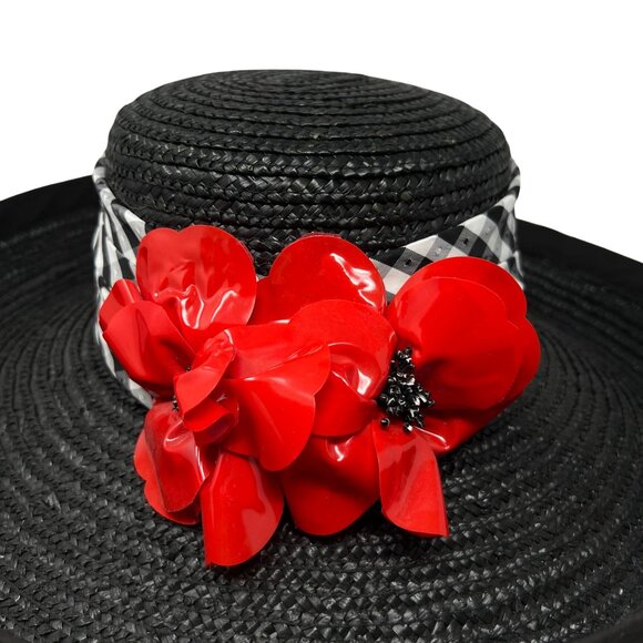 Whittall & Shon Womens Black‎ Wide Brim Hat Red Floral Derby Event - Picture 4 of 11
